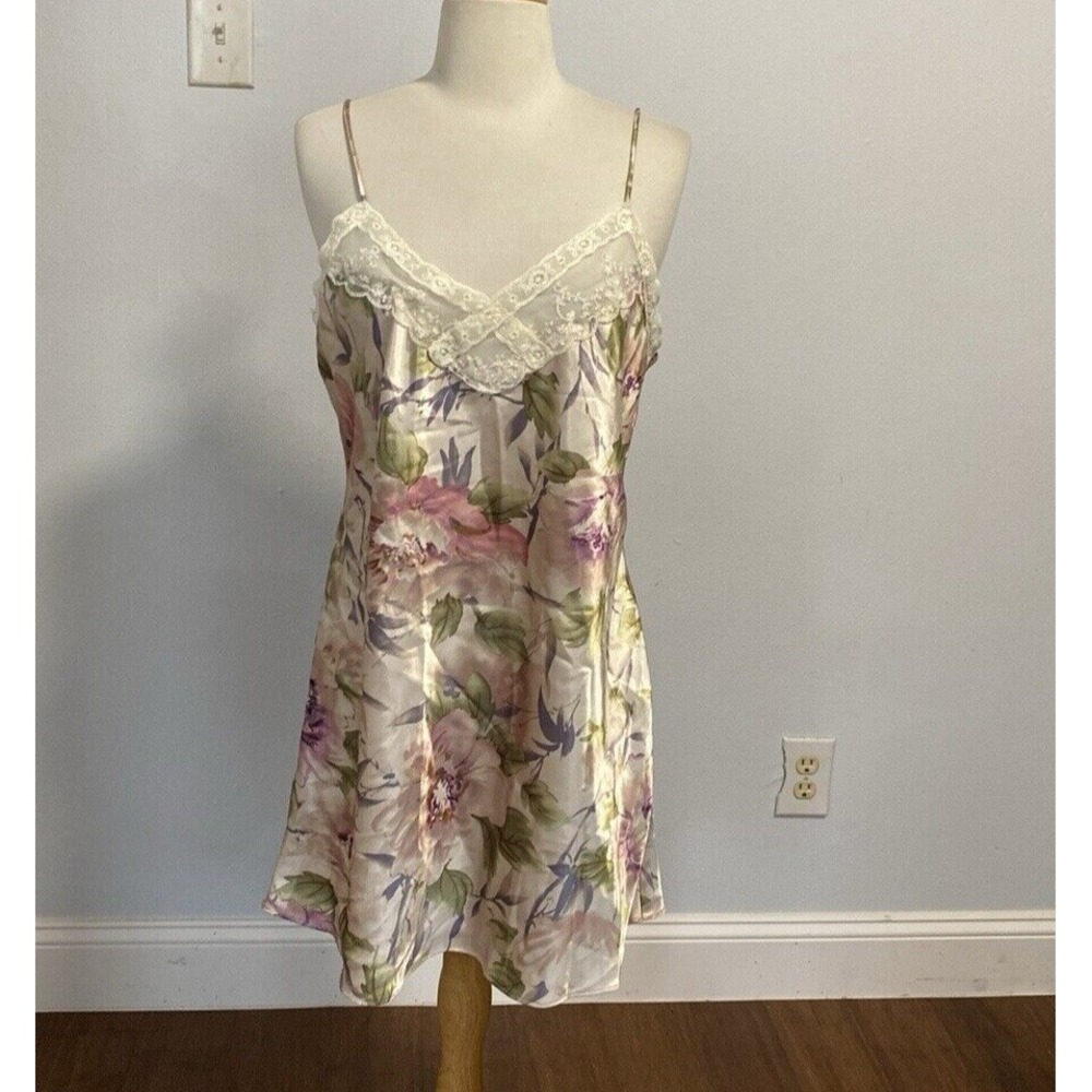 VTG California Dynasty Y2K Satin Lace‎ Slip Dress M Floral Nightie Fairy Cottage